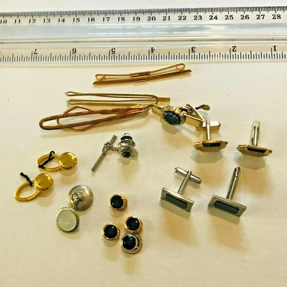Lot‎ Set cufflinks Tie Bars Gold Silver Tone Tie Tack Chain Clip